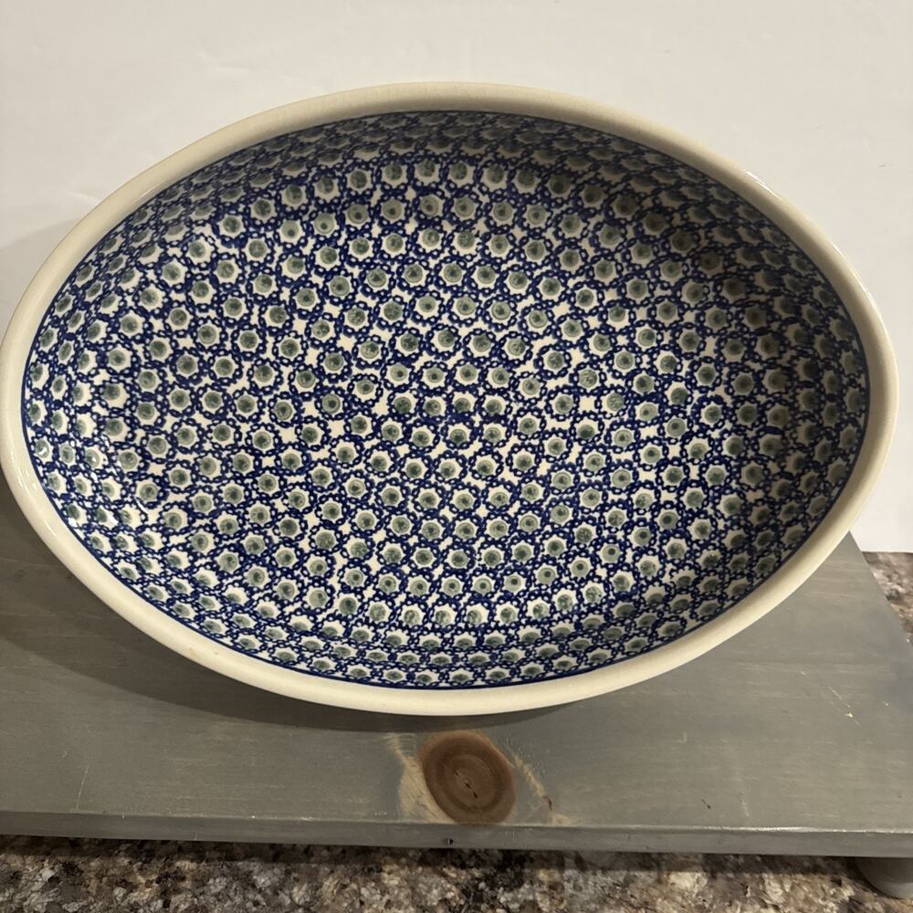 Vintage Boleslawiec Polish Pottery, Oval Deep Baking Dish, Blue And Green 14in - Picture 1 of 14